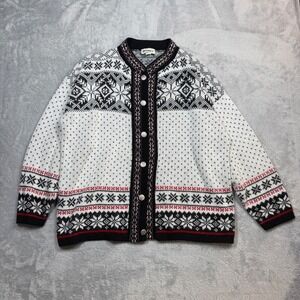 Vintage Spunky Cardigan Sweater Womens Large White Nordic Fair Isle Knit 90s